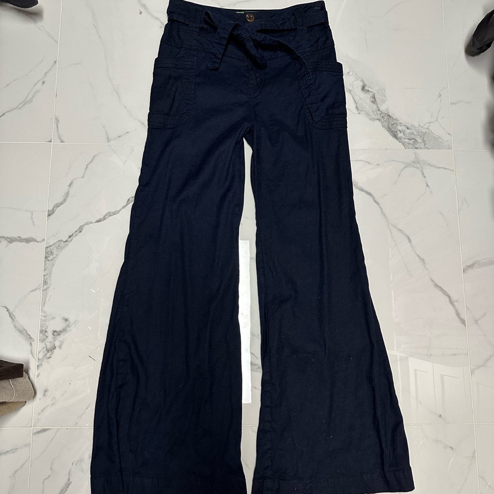 Anthropologie Navy Blue Belted Wide Leg Linen Pant Size 26
